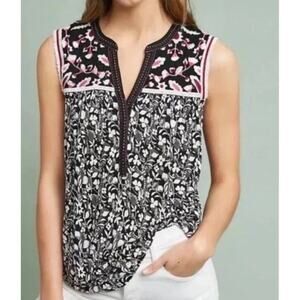 Anthropologie One September Austin Embroidered Tank Blouse Black Size XS Flowers